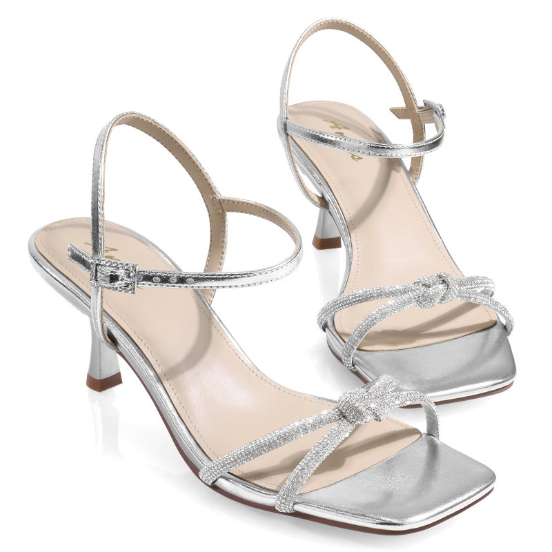 Ankis Kitten Heels Rhinestone Strappy Square Open Toe Gold Silver Ankle Strap Sandals for Women Wedding Party Prom Casual Dress Graduation Gift Comfort Shoes 2.5 Inch - Image 1