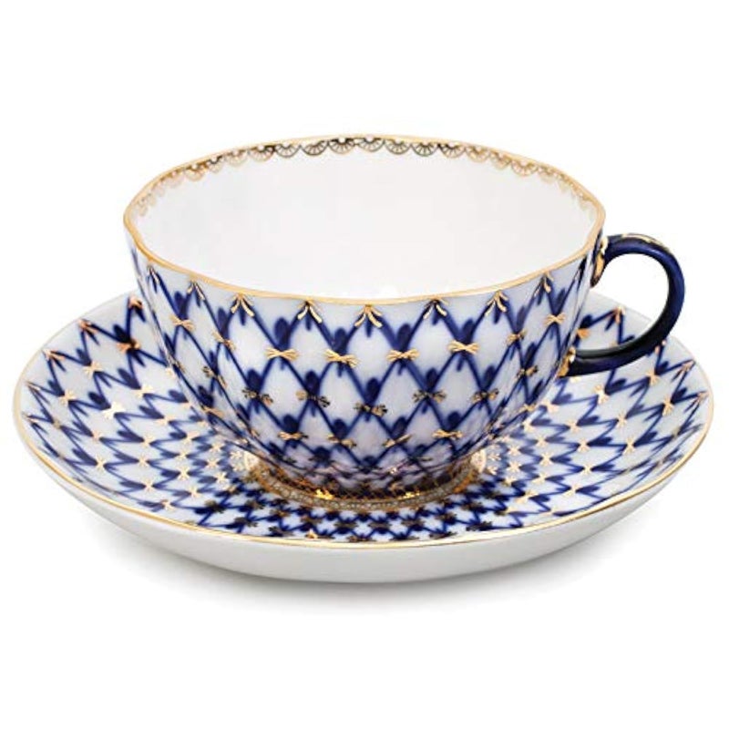 Imperial Porcelain Factory ImperialLomonosov Porcelain Teacup wSaucerTulip Cobalt Net 