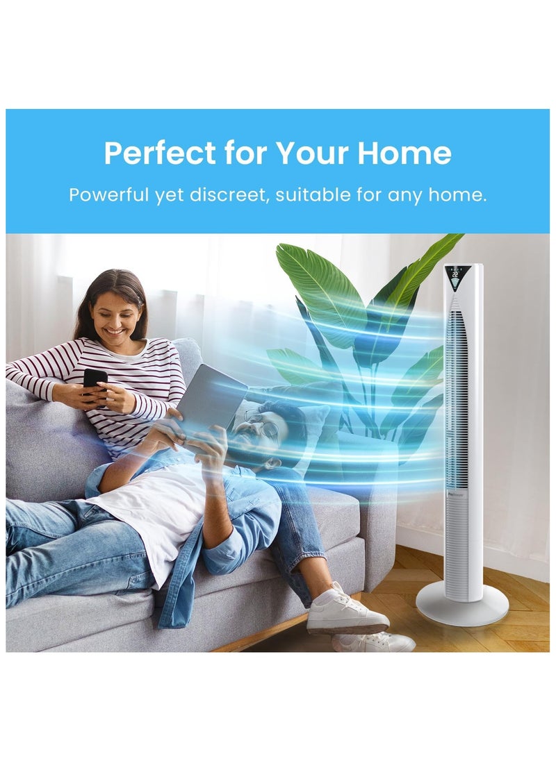 Pro Breeze - 46" Oscillating Tower Fan with Remote, Floor Standing Fan Oscillating 70° - Powerful Quiet 45W Portable Fan for Bedroom, 3 Speed, 4 Modes, 12hr Timer - Bladeless Tower Fans for Room White - Image 1