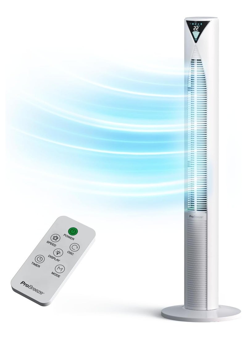 Pro Breeze - 46" Oscillating Tower Fan with Remote, Floor Standing Fan Oscillating 70° - Powerful Quiet 45W Portable Fan for Bedroom, 3 Speed, 4 Modes, 12hr Timer - Bladeless Tower Fans for Room White - Image 1