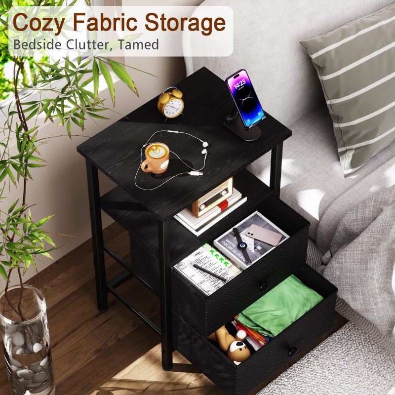 LOAKEKEL Night Stand Set 2, Bed Side Table with 2 Fabric Drawers, Nightstand with Open Storage Shelf for Bedroom, Small End Tables Living Room, Black, HETS002BK - Image 5