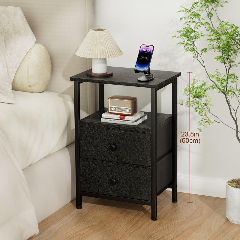 LOAKEKEL Night Stand Set 2, Bed Side Table with 2 Fabric Drawers, Nightstand with Open Storage Shelf for Bedroom, Small End Tables Living Room, Black, HETS002BK - Image 3