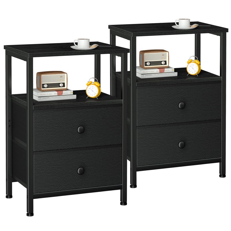 LOAKEKEL Night Stand Set 2, Bed Side Table with 2 Fabric Drawers, Nightstand with Open Storage Shelf for Bedroom, Small End Tables Living Room, Black, HETS002BK - Image 1