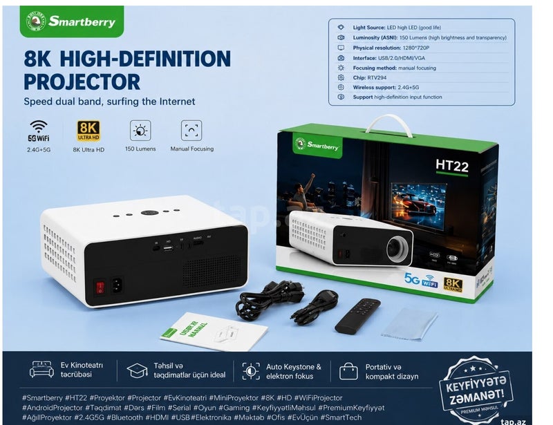 Smartberry HT22 Smart Android Projector 8K Supported Full HD 1080P WiFi Bluetooth HDMI USB Portable Home Theater Projector White - Image 4