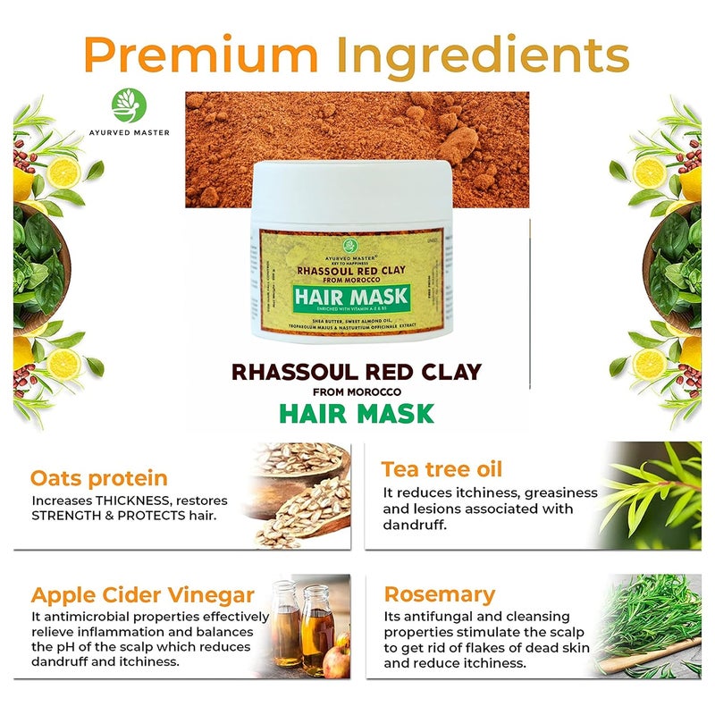 Ayurved Master Professional Styling Rhassoul Red Clay Hair Mask For Dry and Frizzy Hair Controls Hairfall Smoothens And Prevents Itchy Scalp  200GM - Image 2