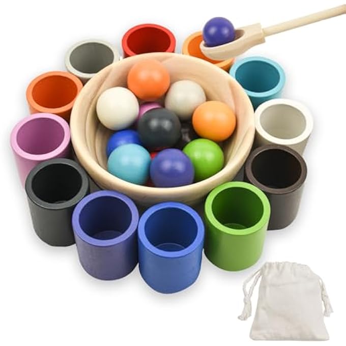 MONTESSORI COLOURS SORTING, BALLS IN CUPS COLOURS SORTING FOR CHILDREN, WOODEN SORTING GAME FOR SORTING AND COUNTING COLOURS, COLOURS STACKING STONES, MONTESSORI TOY FROM 3+ YEARS - Image 1