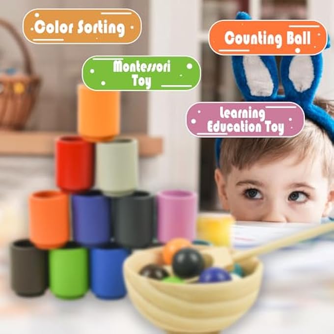 MONTESSORI COLOURS SORTING, BALLS IN CUPS COLOURS SORTING FOR CHILDREN, WOODEN SORTING GAME FOR SORTING AND COUNTING COLOURS, COLOURS STACKING STONES, MONTESSORI TOY FROM 3+ YEARS - Image 4