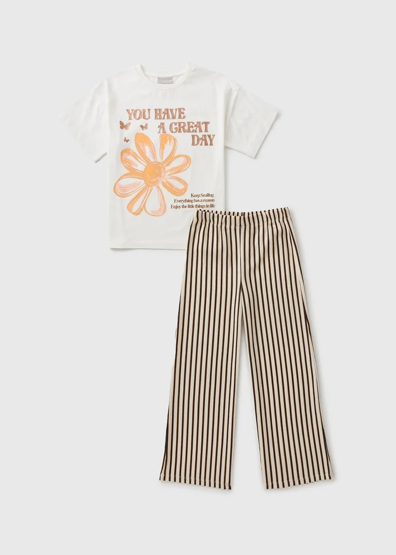 Matalan Girls Brown Striped Flower Print Top & Trousers Set