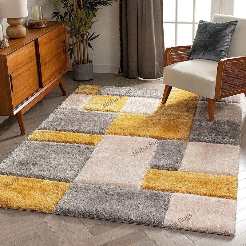 Nuha Rugs Rectangular Carpet For Living Room 3X5 Feet Thick Extra Soft And Fluffy Shaggy Rugs For Living Room Decor Carpets For Bedroom Yellow Silver Ivory