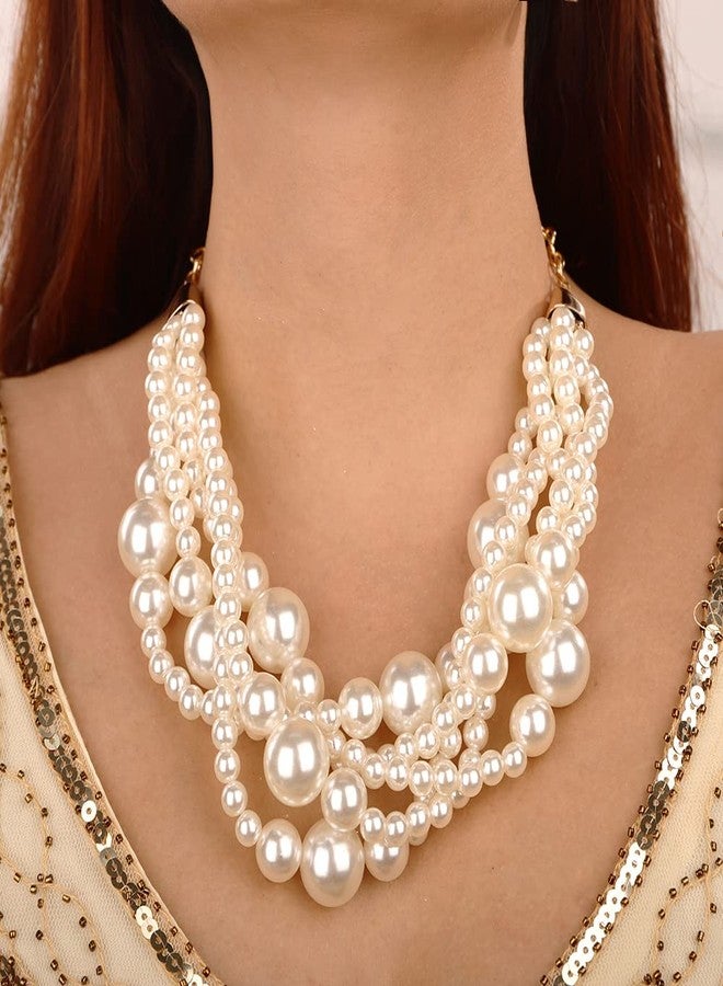 Wiwpar 2PCS Large Chunky Statement White Faux Pearl Bib Choker Necklace and Earring Set for Party Wedding Ladies (white) - Image 2