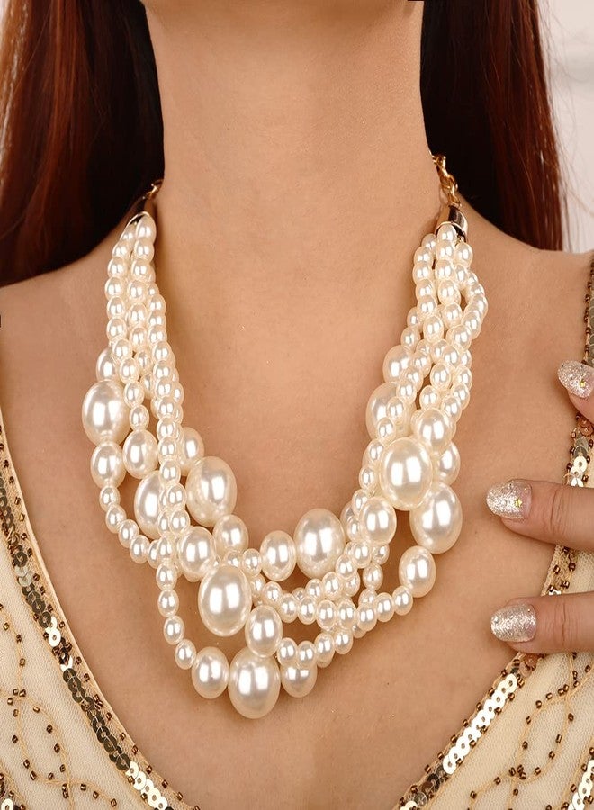 Wiwpar 2PCS Large Chunky Statement White Faux Pearl Bib Choker Necklace and Earring Set for Party Wedding Ladies (white) - Image 3