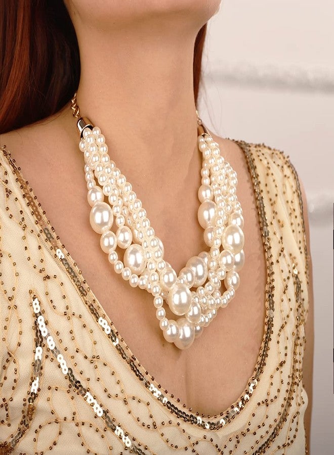 Wiwpar 2PCS Large Chunky Statement White Faux Pearl Bib Choker Necklace and Earring Set for Party Wedding Ladies (white) - Image 5