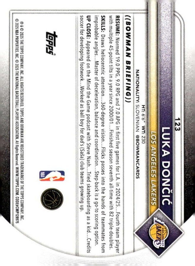 LUKA DONCIC 2025-26 Bowman #123 NM-MT Basketball Lakers - Image 2