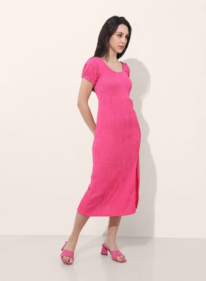Freehand Women Fit and Flared Textured Round Neck Short Sleeve Midi Dress - Image 2