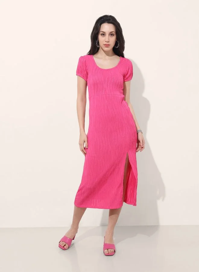 Freehand  Women Fit and Flared Textured Round Neck Short Sleeve Midi Dress for Women | Best Price UAE