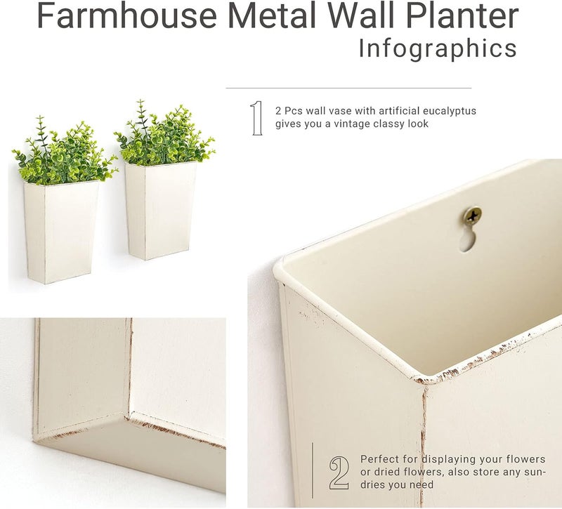 Dahey 2 Packs Metal Wall Planter Vase with Artificial Eucalyptus, Farmhouse Wall Decor Hanging Fake Plants Flowers Holder for Country Rustic Bedroom Bathroom Living Room Kitchen Decoration, White - Image 5