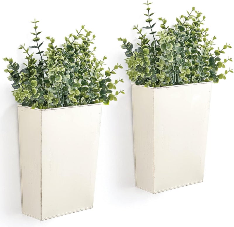 Dahey 2 Packs Metal Wall Planter Vase with Artificial Eucalyptus, Farmhouse Wall Decor Hanging Fake Plants Flowers Holder for Country Rustic Bedroom Bathroom Living Room Kitchen Decoration, White - Image 1