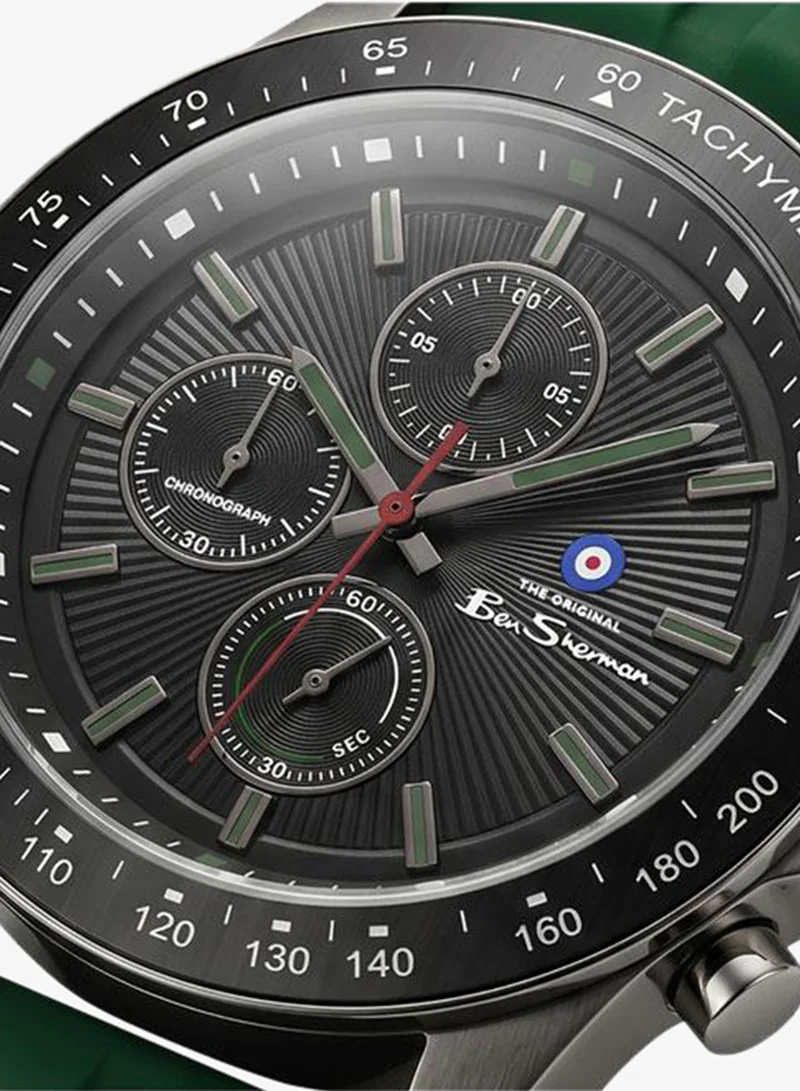 Ben Sherman Winchester Black Dial Green Silicone Strap Chronograph Watch for Men, 43.2mm