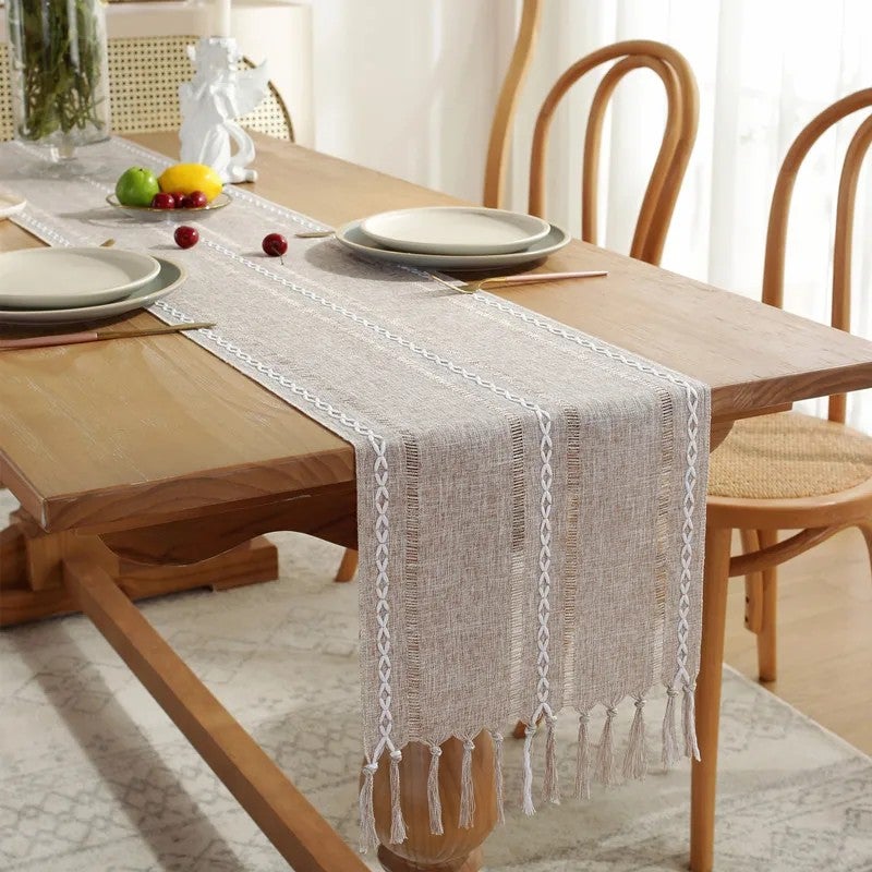 Y&D Solid Color Handcrafted Braided Tassels Table Runners – American Country Style Hollow Weave Tablecloth Runner for Home Decor, Party & Banquet - Image 1