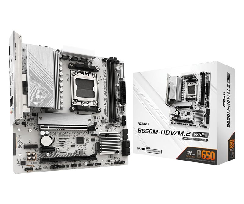 ASRock B650M-HDV M.2 White Micro-ATX AM5 Motherboard, AMD Ryzen 9000/8000/7000, PCIe 5.0 x16, DDR5 8200+(OC), Dual M.2 (Gen5/Gen4), USB 3.2 Type-C, 2.5G LAN - Image 1