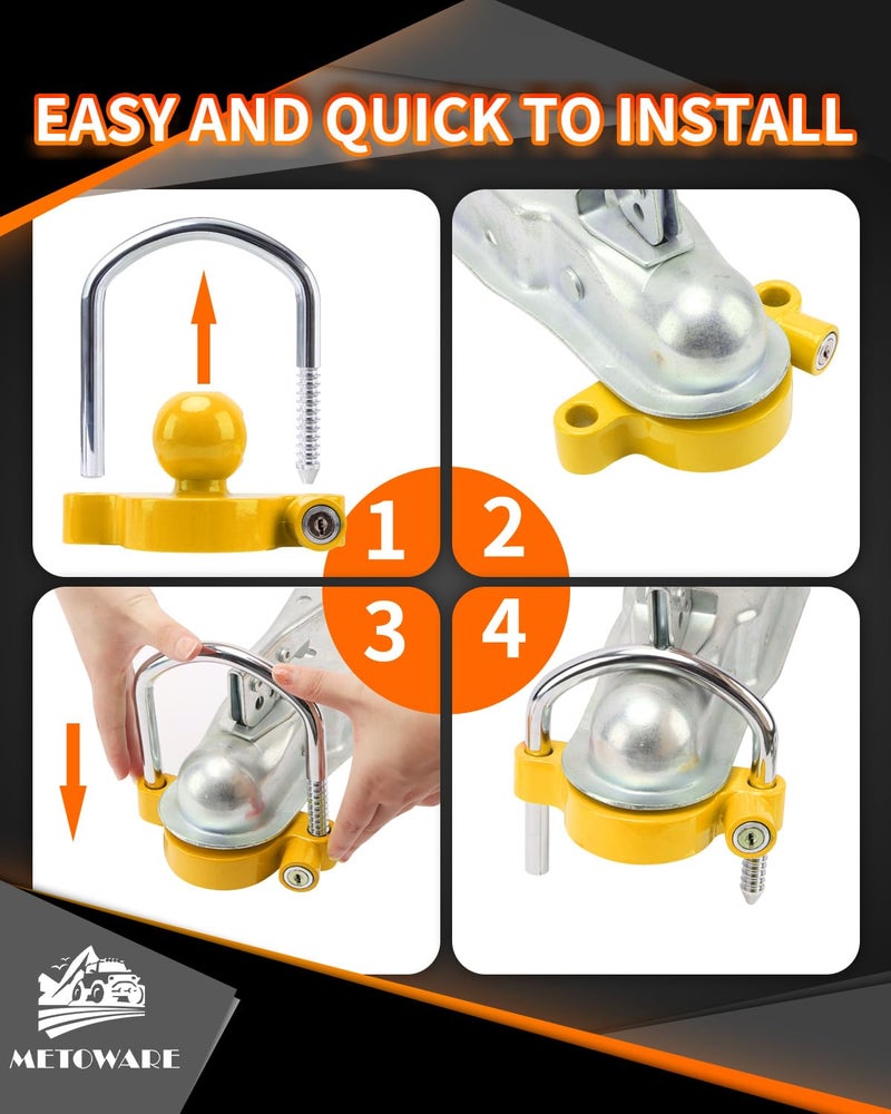 METOWARE Trailer Coupler Lock Universal Adjustable Heavy-Duty Steel Trailer Hitch Lock, Anti Theft Trailer Ball Lock Towing Lock for Towing Trailer Security Fits 1-7/8",2â€, 2-5/16" Coupler Yellow - Image 5