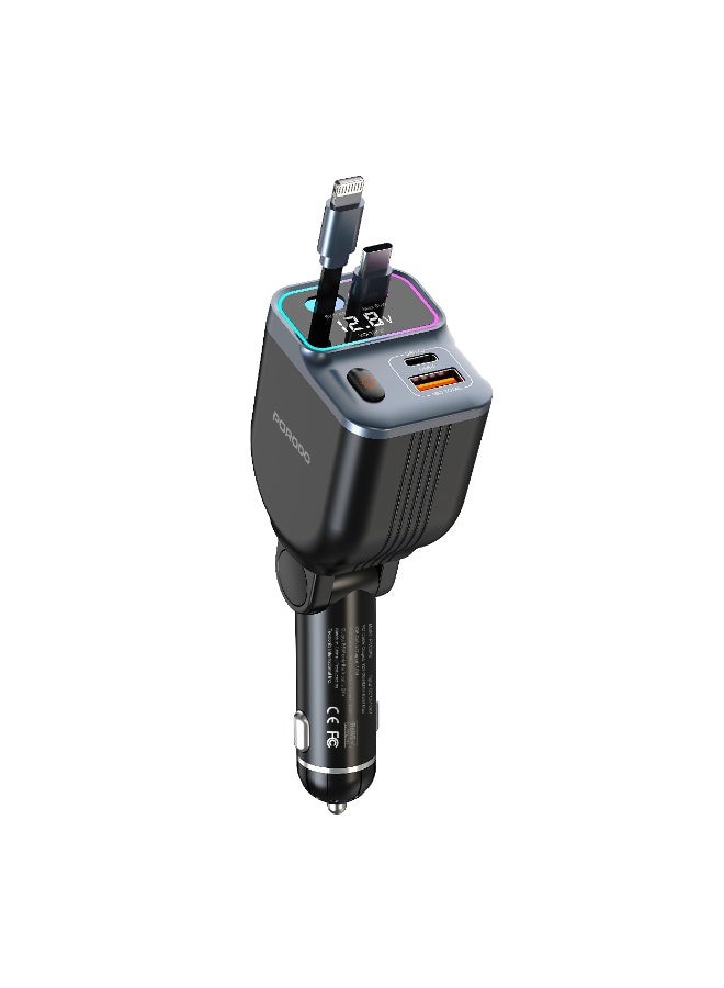 porodo 65W Car Charger Built-in Dual 80cm Retractable Cable & Real-Time Voltage Display / LED Ambient Lights / Universal Compatibility - Black - Image 1