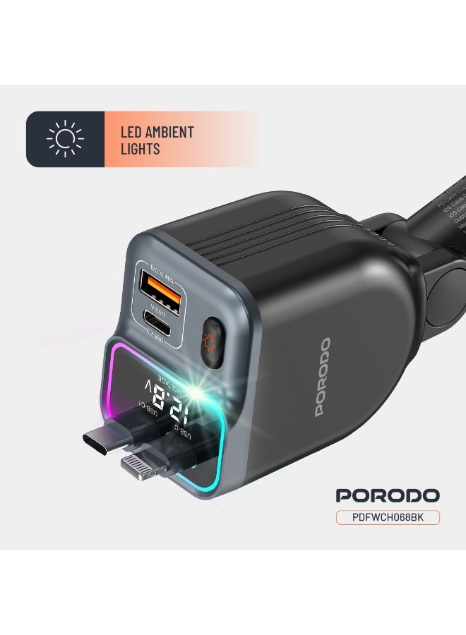 porodo 65W Car Charger Built-in Dual 80cm Retractable Cable & Real-Time Voltage Display / LED Ambient Lights / Universal Compatibility - Black - Image 5
