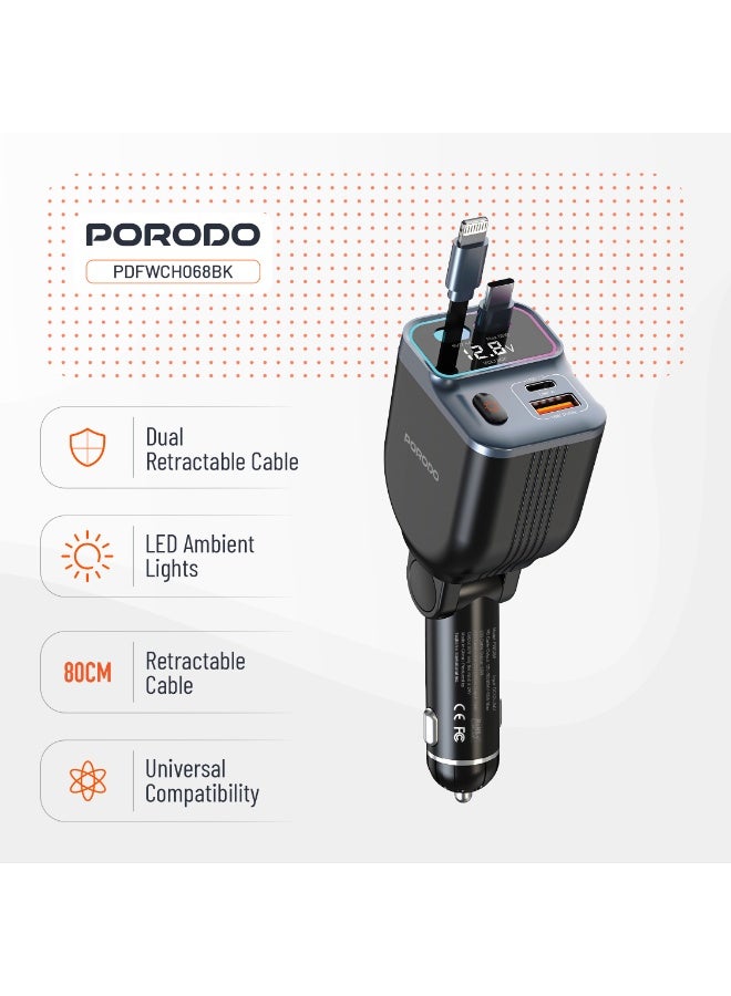 porodo 65W Car Charger Built-in Dual 80cm Retractable Cable & Real-Time Voltage Display / LED Ambient Lights / Universal Compatibility - Black - Image 2