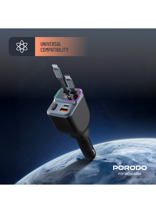 porodo 65W Car Charger Built-in Dual 80cm Retractable Cable & Real-Time Voltage Display / LED Ambient Lights / Universal Compatibility - Black - Image 3