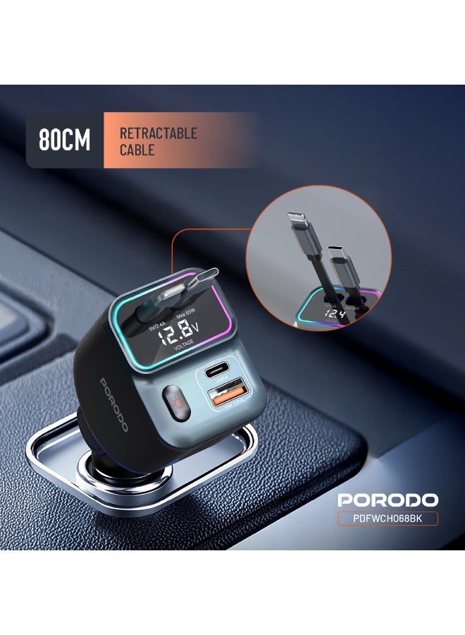 porodo 65W Car Charger Built-in Dual 80cm Retractable Cable & Real-Time Voltage Display / LED Ambient Lights / Universal Compatibility - Black - Image 4