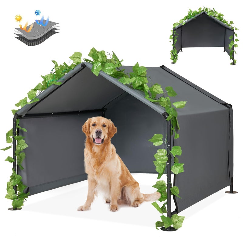 INRLKIT 47.2â€ Large Dog Shade Shelter Outdoor Tent Dog House for Large Medium Dogs, Outside Sun Rain Canopy Pet House for Homeless Cats Pigs Livestock with Rainproof Cover with Artificial Grapevine Leaves - Image 1
