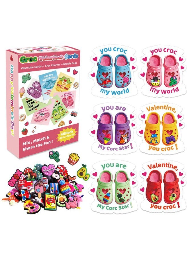 JX Valentine Cards for Kids Classroom, 48 Valentines Cards with 96 Shoe Charms,Kids Valentine Gifts for Boys Girls Toddler Classroom Exchange - Image 1