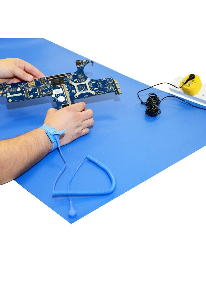 ALTS ELECTRONIC Sky ESD Antistatic Blue PVC Mat 3 Layered 2 MM Thick with ESD Wrist band Grounding Cord INCH Size 14x14  - Image 1
