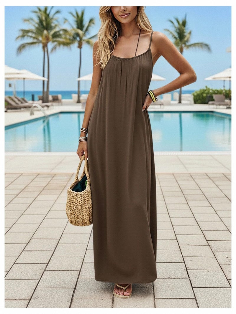 SHENHE Women's Open Back Spaghetti Strap Beach Maxi Dress Loose Flowy Vacation Sundress Coffee Brown Medium - Image 4