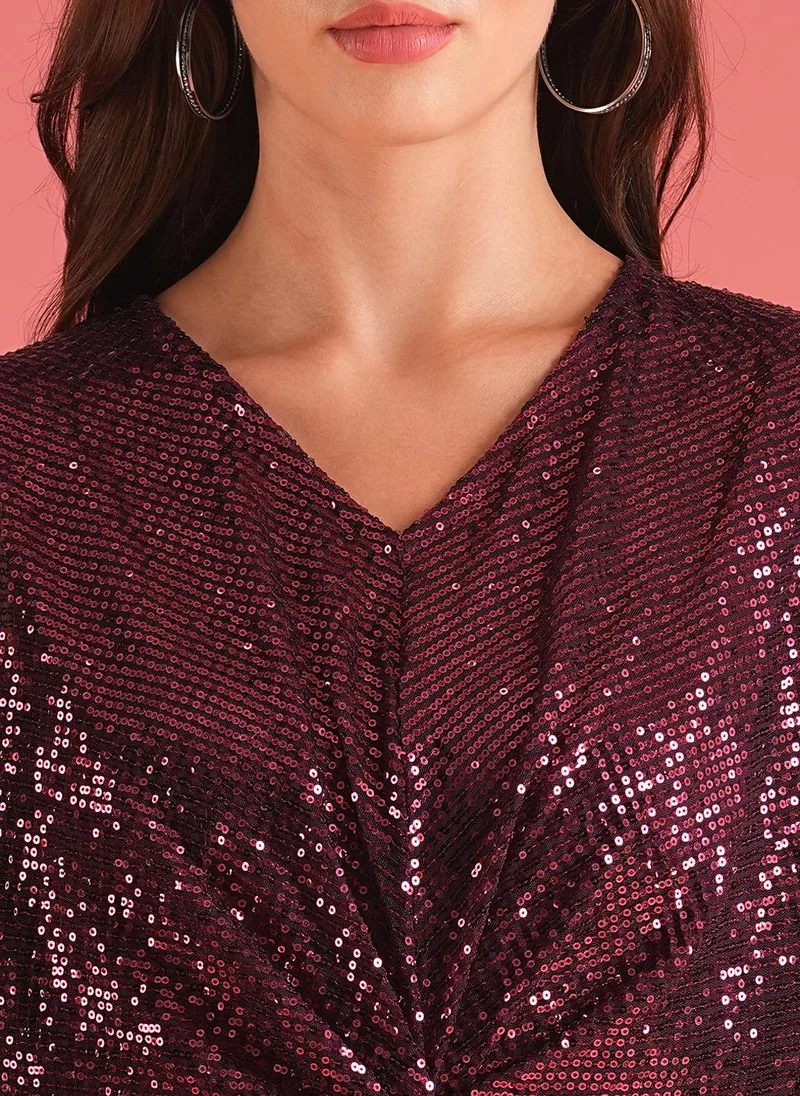 globus Globus Women Wine V-Neck Sequinned Twisted Detail Mini Sheath Party Dress