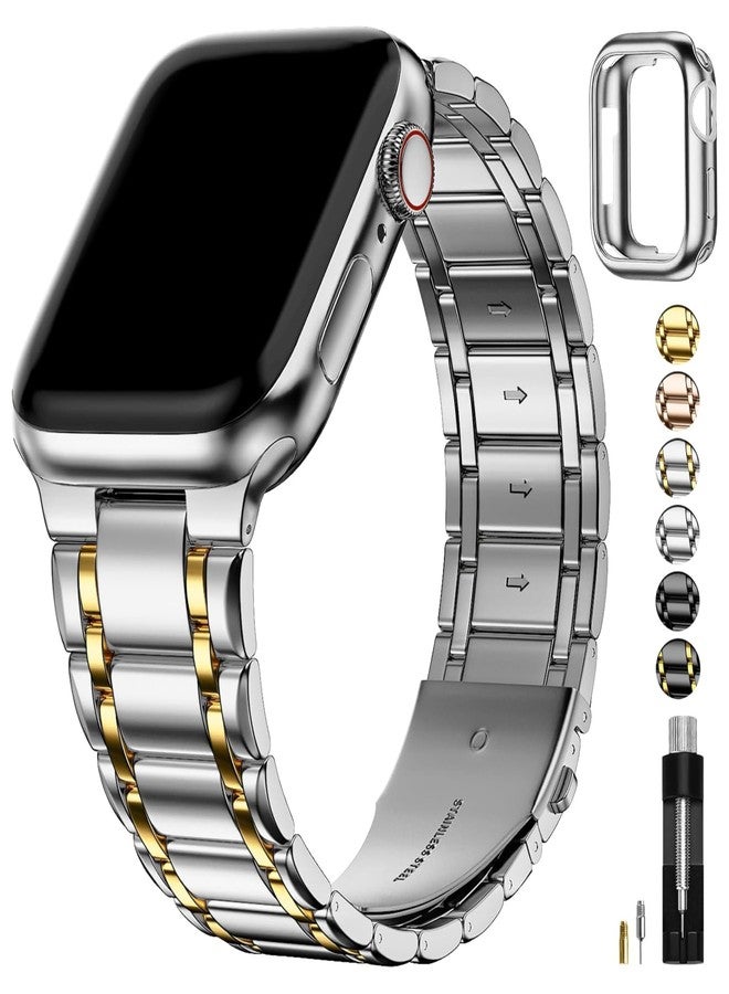 Fullmosa Metal Bands With Case Compatible Apple Watch Strap 49mm,Steel Apple Watch Band for iWatch Ultra 3/2/1,49mm,Silver and Gold - Image 1
