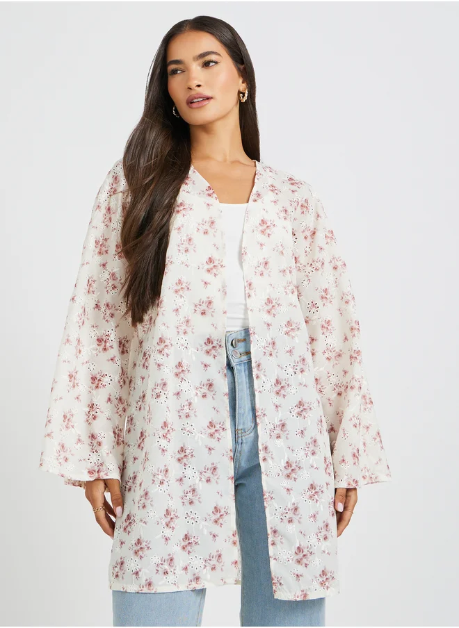 ستايلي Floral Printed Schiffli Longline Oversized Kimono