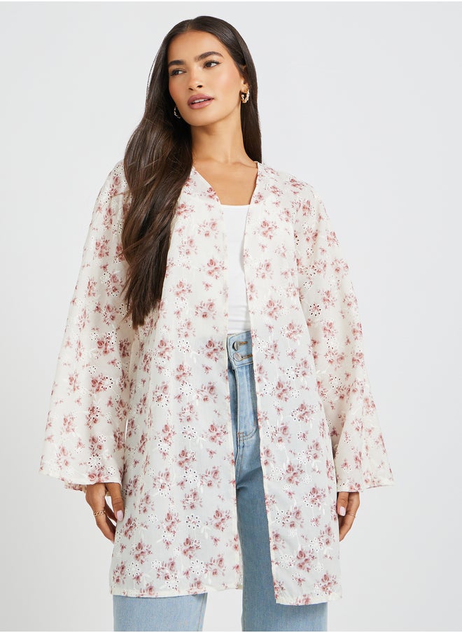 Styli Floral Printed Schiffli Longline Oversized Kimono  - Image 1