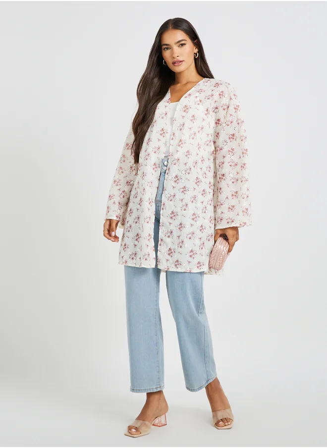 ستايلي Floral Printed Schiffli Longline Oversized Kimono