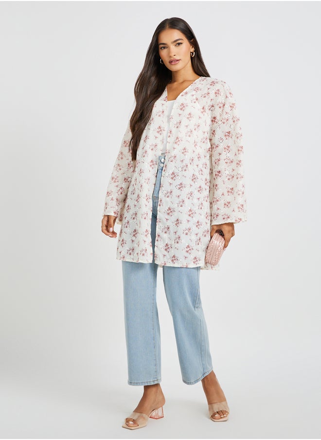 Styli Floral Printed Schiffli Longline Oversized Kimono  - Image 2