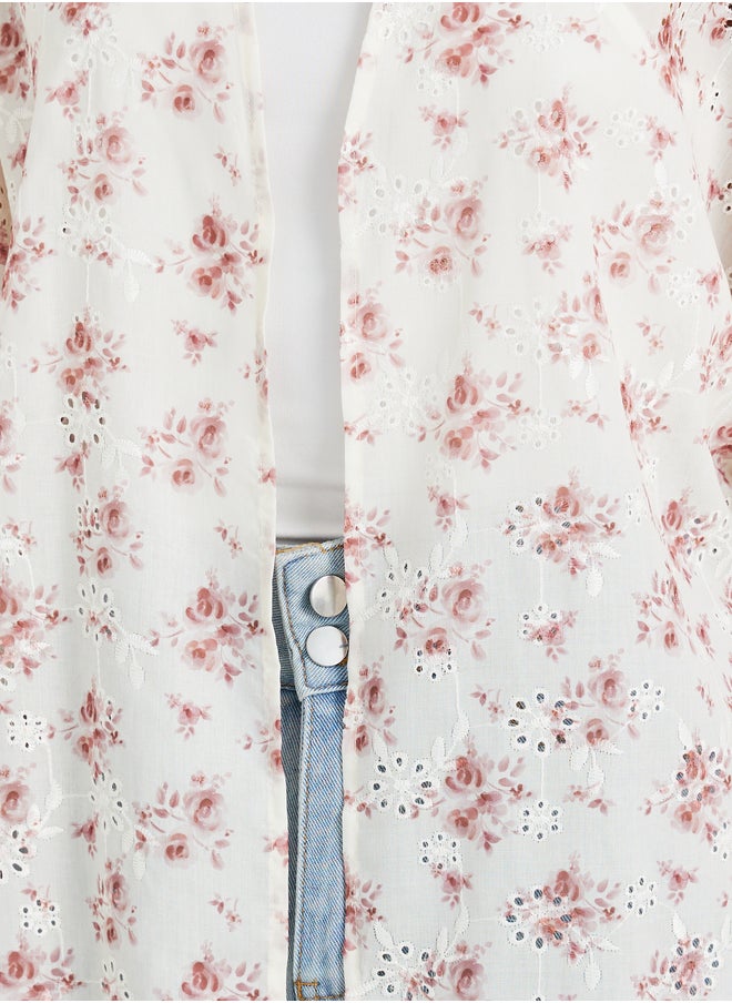Styli Floral Printed Schiffli Longline Oversized Kimono  - Image 3