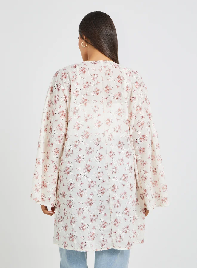 Styli Floral Printed Schiffli Longline Oversized Kimono
