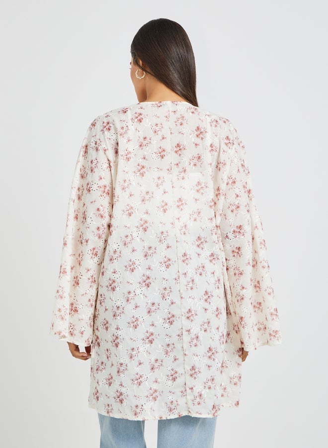 Styli Floral Printed Schiffli Longline Oversized Kimono - Image 4