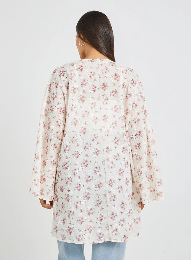 Styli  Floral Printed Schiffli Longline Oversized Kimono for Women | Best Price UAE
