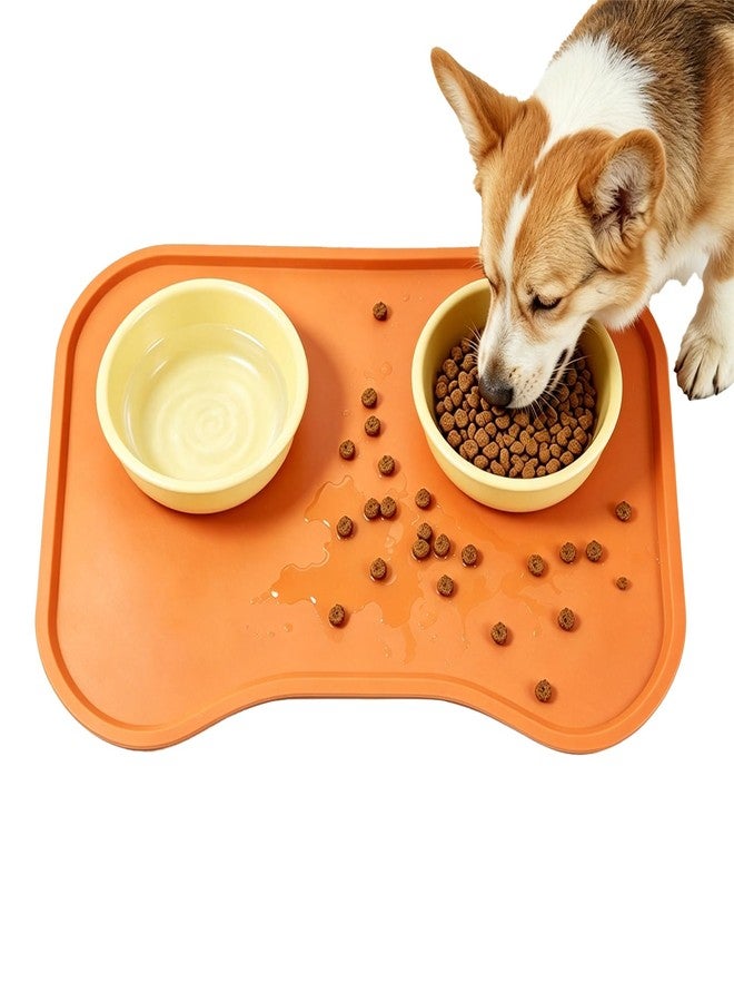 Famiever Silicone Pet Feeding Mat with Raised Edge, Washable Dog Cat Food and Water Mat for Floors Waterproof, Anti-Slip Placement Mat for Cat and Dog Bowl to Prevent Spills (Orange) - Image 1