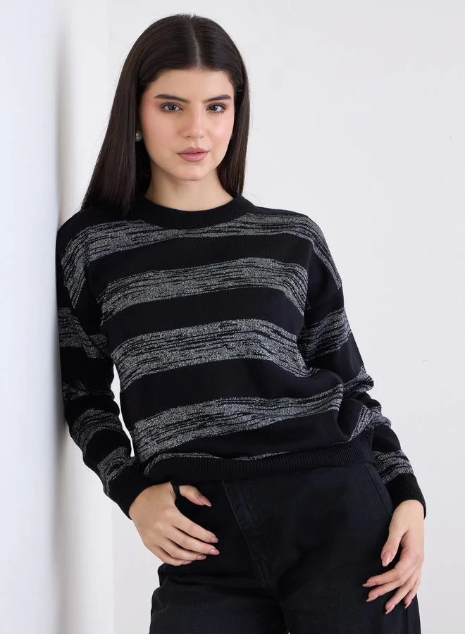 Styli Black Striped Boxy Fit Sweater