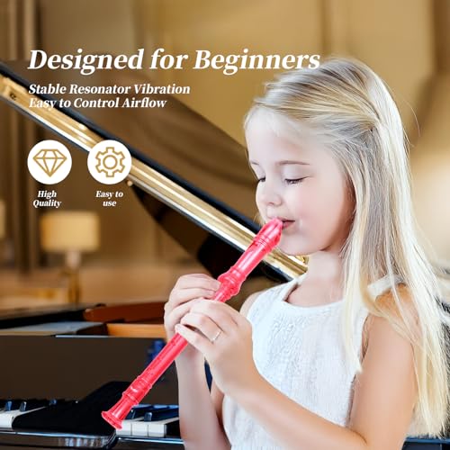 Yop-yes Soprano Recorder Instrument for Kids Beginners Student German Fingering C Key Recorder Instrument 3 Piece with Cleaning Rod and Bag Fingering Chart(Crystal Pink) - Image 5