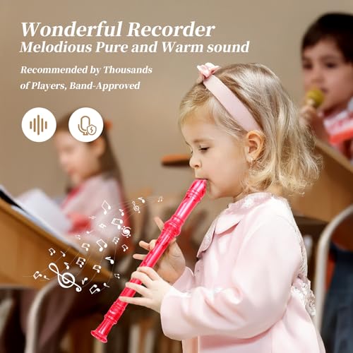 Yop-yes Soprano Recorder Instrument for Kids Beginners Student German Fingering C Key Recorder Instrument 3 Piece with Cleaning Rod and Bag Fingering Chart(Crystal Pink) - Image 3
