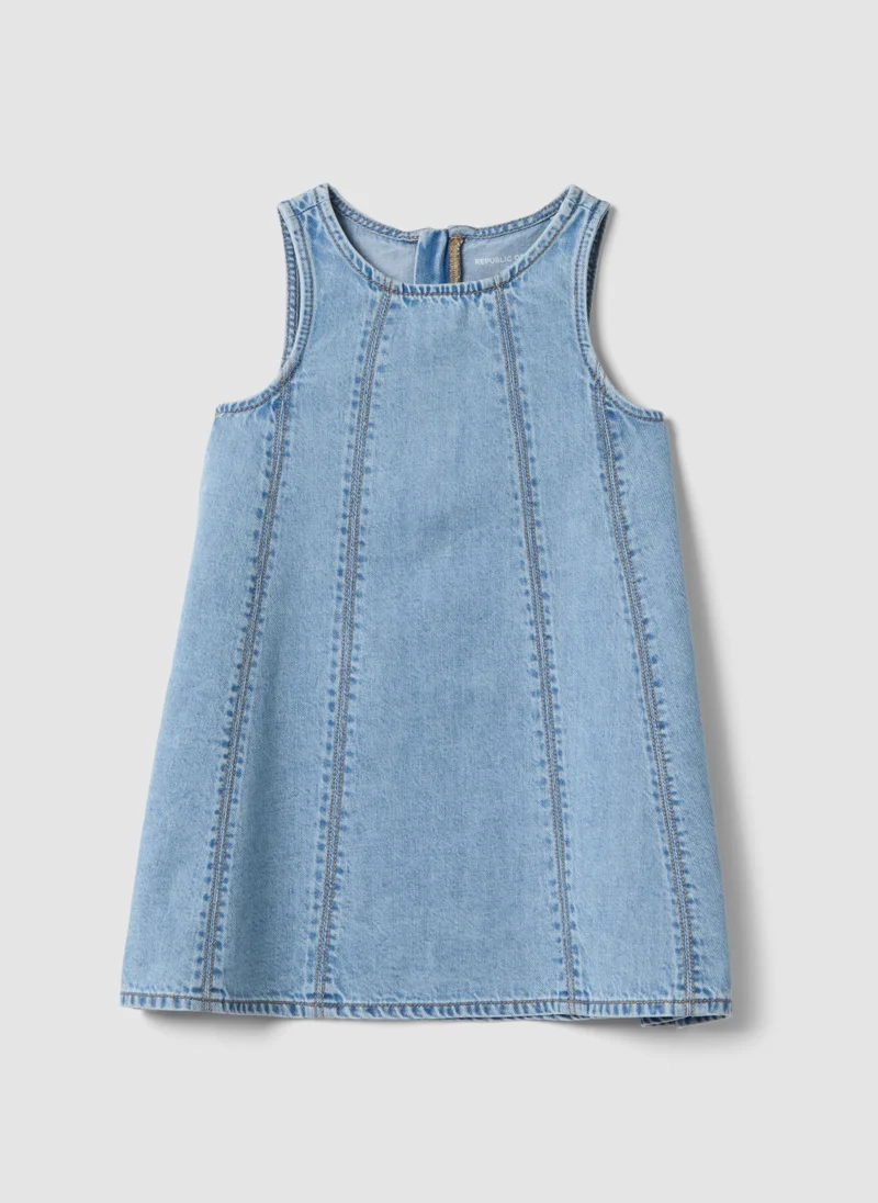 او في اس OVS Girlsâ€™ Light Blue Denim Sleeveless Dress In Cotton Blend, Oversized Fit