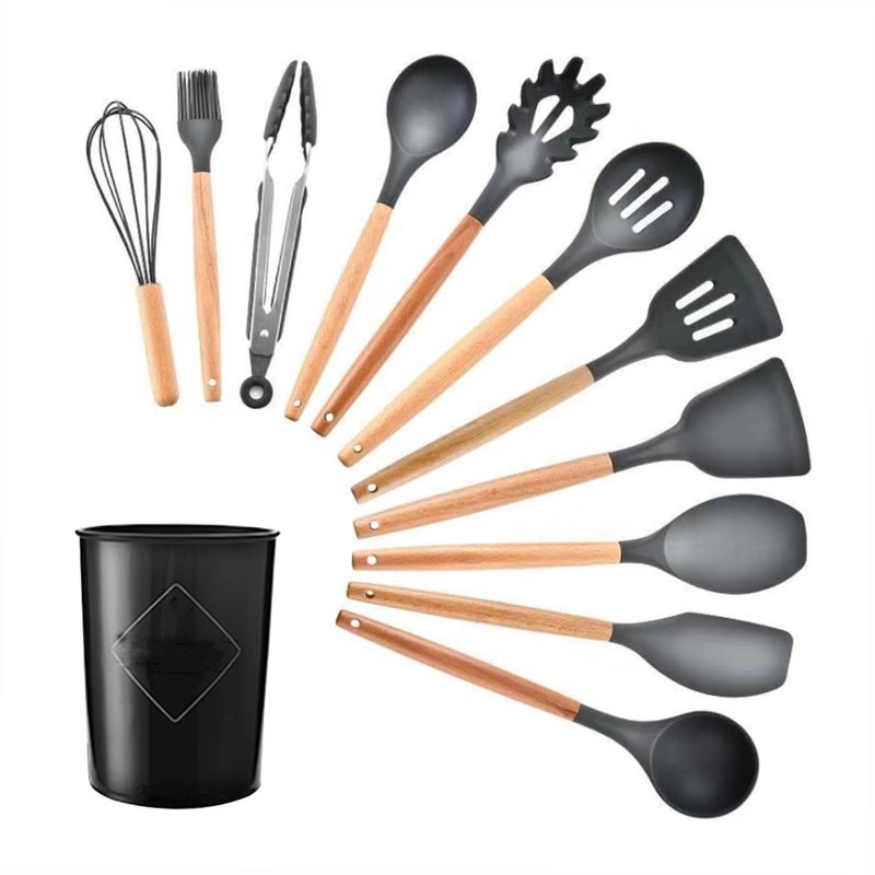 11PCS Cooking Utensils with Storage Holder Kitchen Utensil Set Silicone Kitchenware Set Wooden Handle Cookware Set Chef Nonstick Cookware Kitchen Gadgets - Image 1